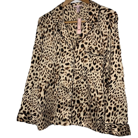 NWT Victorias Secret Satin Leopard Animal Print PJ Silky Feel Pajama Top XL